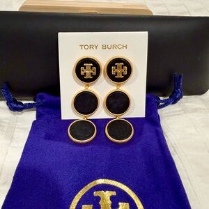 Tory Burch Black and Gold Triple Drop Logo Earrings